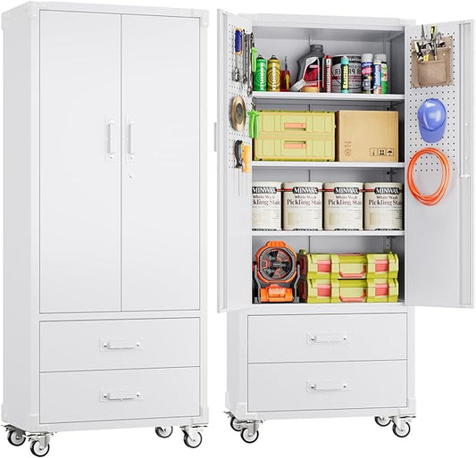 Upgraded Metal Garage Storage Cabinet with Wheels and 2 Drawers, Rolling Tool Cabinet with 3 Shelves and Pegboard Behind The Door for Home Office Garage,Assembly Required,White-VerdiqueGarden
