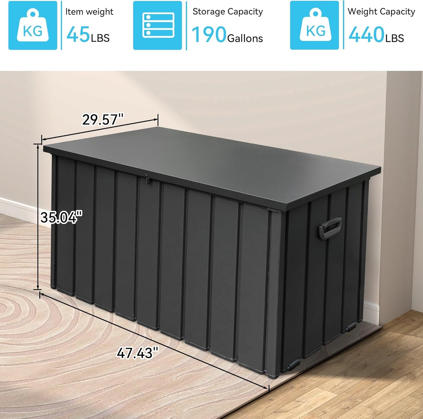 190 Gallon Metal Deck Box, Waterproof Steel Outdoor Box, Large Patio Furniture Storage Cabinet, Lockable Storage Bench for Porch Package Delivery, Pillows, Cushions, Pool, Tools, Backyard, Grey-VerdiqueGarden