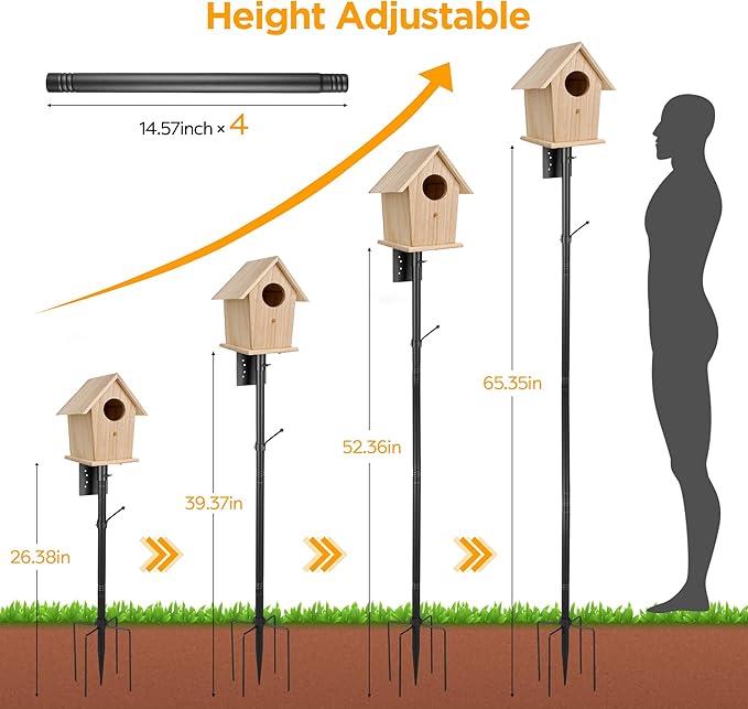 Bird House Pole Kit, Heavy-Duty Adjustable Pole for Outdoors with 5 Prongs Base,Metal Universal Support Pole for Bird Feeders,Solar Pannel,Black-VerdiqueGarden