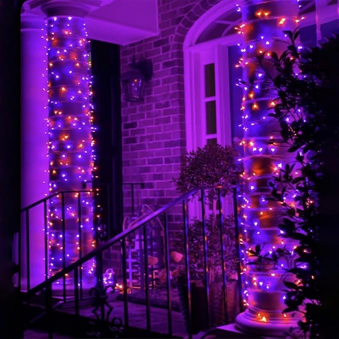 2 Pack 200 LED Solar Halloween Lights Outdoor Waterproof, Solar String Lights for Outside, Solar Tree Light with 8 Lighting Modes for Xmas Party Garden Yard Halloween Decorations (Orange and Purple)-VerdiqueGarden