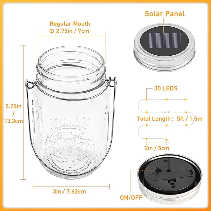 GIGALUMI Solar Mason Jar Lights, 12 Pack 30 Led String Fairy Lights Garden Lights Outdoor Waterproof Metal Lid Hanging Solar Lanterns for Outdoor, Garden, Patio, Lawn, Balcony Decoration-VerdiqueGarden