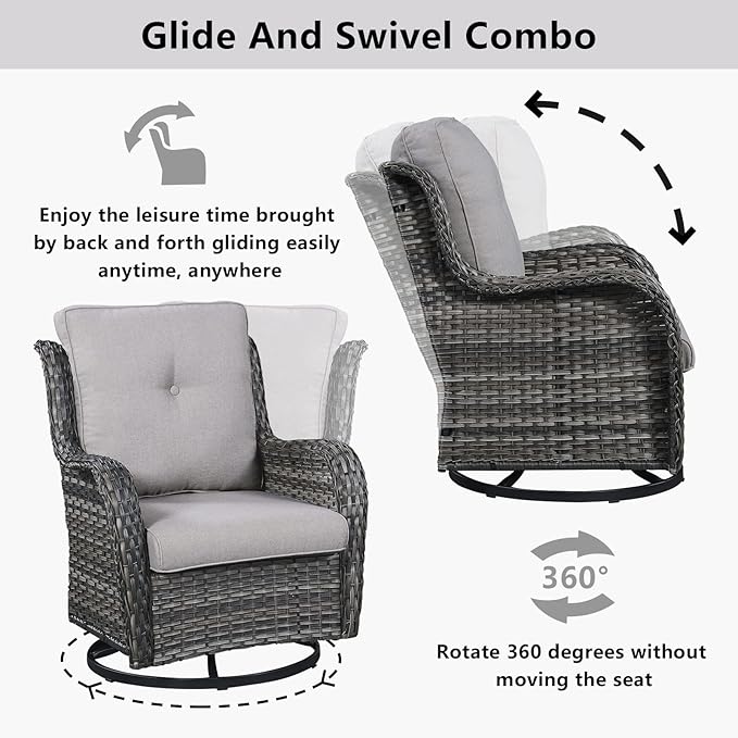 Wicker Outdoor Furniture Patio Furniture Set - 6 Piece Patio Conversation Set with Swivel Rocker Chairs, Loveseat Sofa, Ottomans and Coffee Table, Gray Cushion-VerdiqueGarden