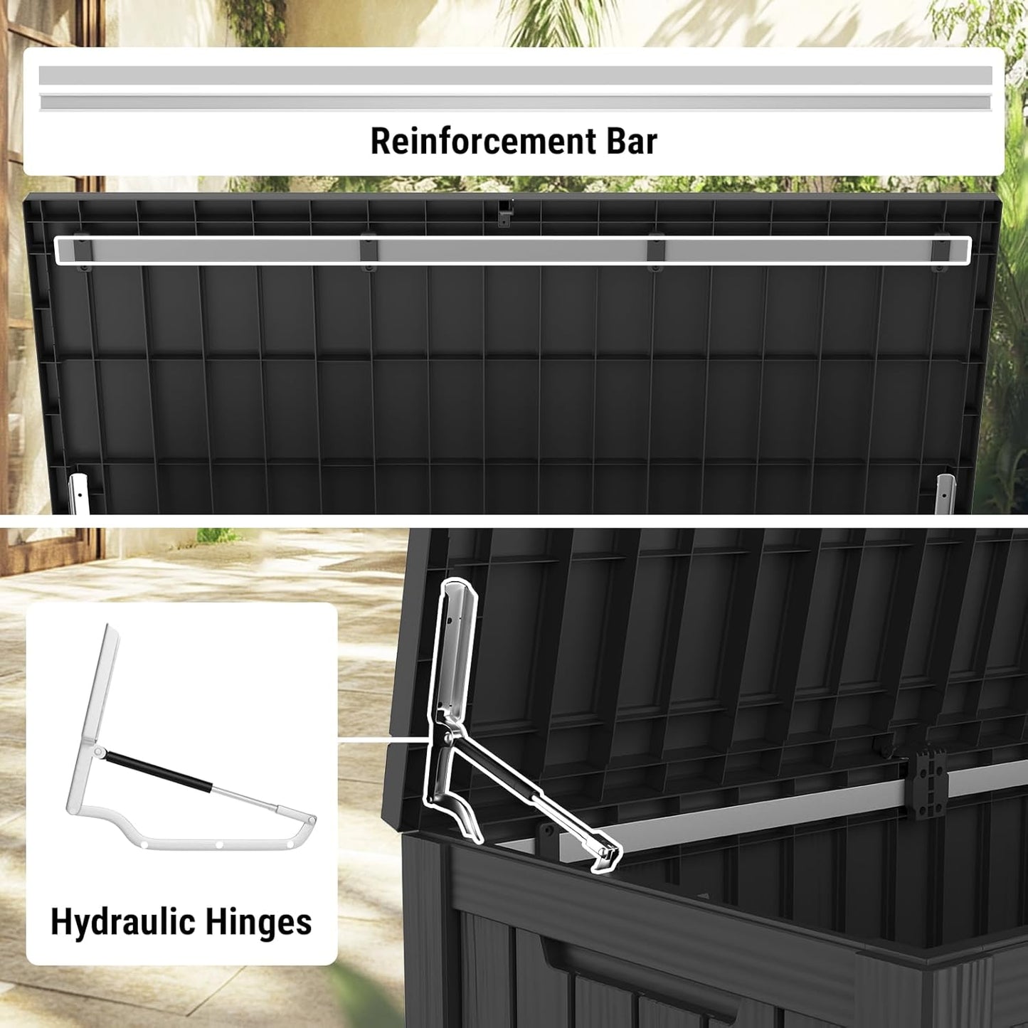 Mars Villa 150 Gallon Outdoor Storage Box, Large Resin Deck Box Waterproof, for Pool Supplies Storage, Outdoor Patio Furniture Cushions, with Hydraulic Hinge, UV-Resistant and Weatherproof, Black-VerdiqueGarden