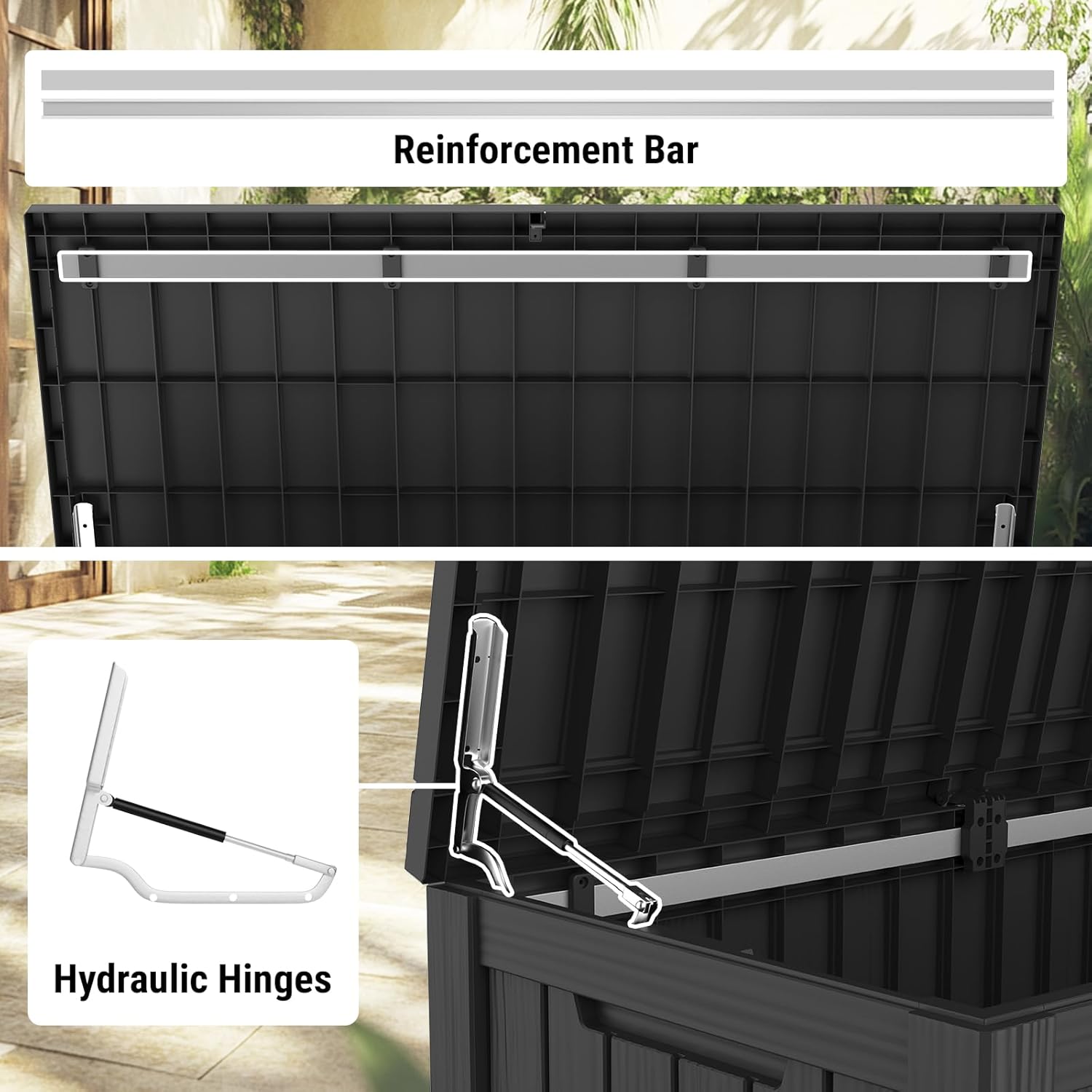 Mars Villa 150 Gallon Outdoor Storage Box, Large Resin Deck Box Waterproof, for Pool Supplies Storage, Outdoor Patio Furniture Cushions, with Hydraulic Hinge, UV-Resistant and Weatherproof, Black-VerdiqueGarden