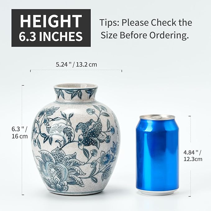 SIDUCAL Ceramic Chinoiserie Floral Vase | 6.3 Inch Blue and White Vintage | Retro Ice Cracked Blue and White Porcelain Vase for Table, Living Room, Bathroom Decoration, Shelf Decor, Mantel-VerdiqueGarden