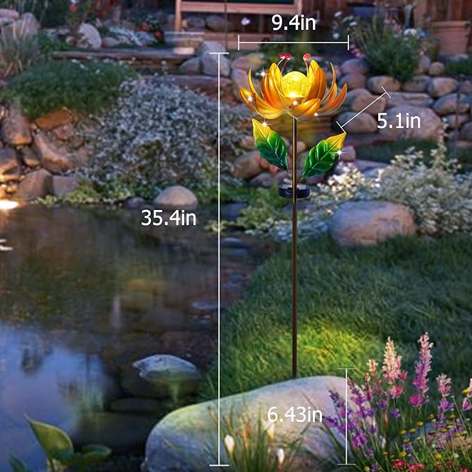 Solar Lights Wind Spinners for Yard and Garden - Metal Lotus Flower Windmills LED Crackle Glass Globe Outdoor Garden Decor Yard Art Lawn Ornament-VerdiqueGarden