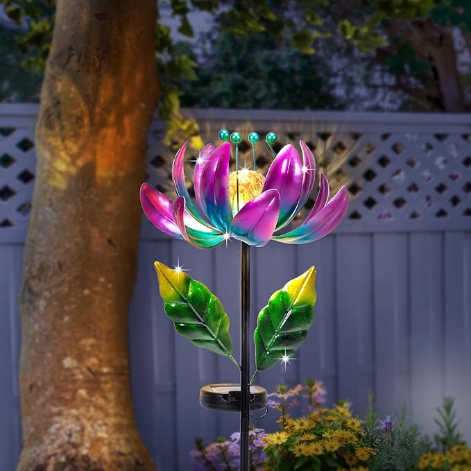 Huaxu Solar Outdoor Lights 35.4In Garden Decor Flower Wind Spinners,Waterproof LED Crackle Glass Globe Purple Lotus Art Metal Stake for Lawn Patio Pathway Yard Porch Driveway Decorations Gift-VerdiqueGarden