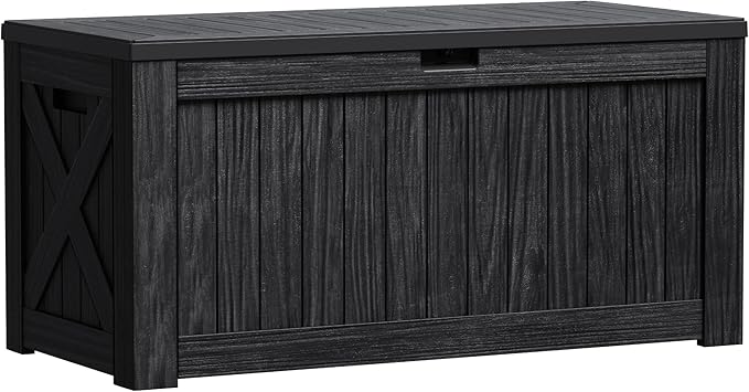Greesum 120 Gallon Outdoor Storage Box with Lock - Large Resin Deck Box, Reinforced Lid for Garden, Patio, Lawn, Black-VerdiqueGarden