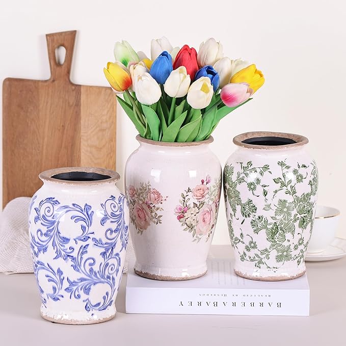 Vintage Vase for Flowers,Pink Chinoiserie Ceramic Vase,Rustic Farmhouse Cracked Vases,for Flower Arrangement,Living Room, Office, Shelf, Fireplace Tables,Centerpieces,Chinoiserie Pottery Decor(A)-VerdiqueGarden