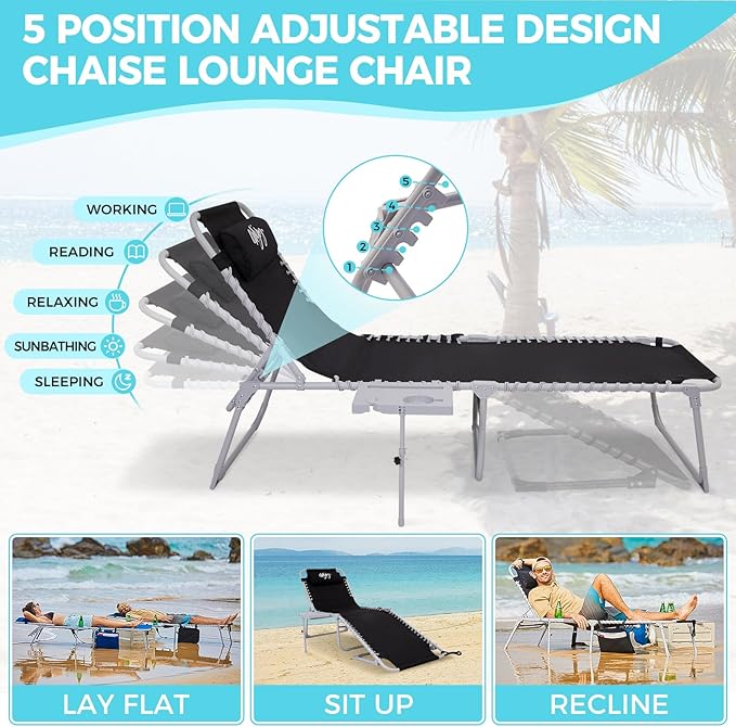 #WEJOY Folding Recliner Lounge Chair with Side Table for Outdoor 5 Positions Adjustable Reclining Patio Camping Chair with Removable Padded Pillow,Side Pocket for Beach Pool Patio Sunbathing Lawn-VerdiqueGarden