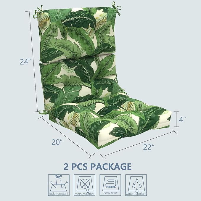 LVTXIII Outdoor Seat/Back Chair Cushion Patio Tufted High Back Cushion, Seasonal Replacement Rocking Chair Cushion with Ties (22” W x 20D”, Set of 2, Swaying Palms Green)-VerdiqueGarden