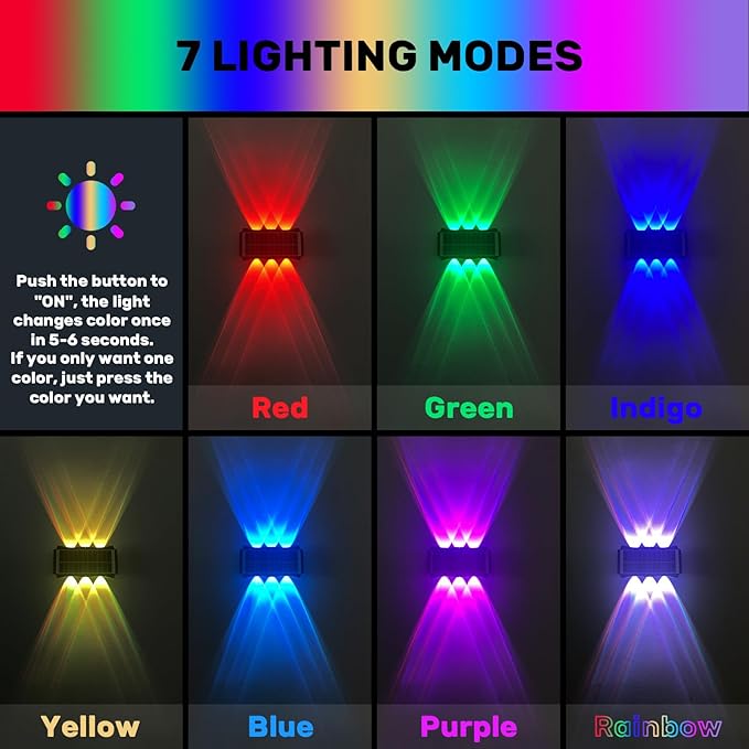 6LEDs Multi-Color Solar Wall Lights, Up and Down Lighting Solar Outdoor Light Waterproof IP65, Solar Fence Light for Yard Deck Garden Garage Walkway Porch Christmas Decorations (4 Pack)-VerdiqueGarden