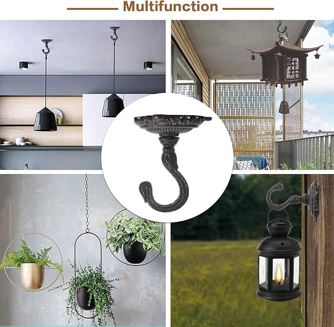 Sungmor Heavy Duty Ceiling Hooks for Hanging Plants, 2PC Black 3.5x3.9Inch Large Cast Iron Ceiling Hooks, Antique Decorative Ceiling Swag Hooks for Hanging Planter Chandelier Wind Chime Lantern Hanger-VerdiqueGarden