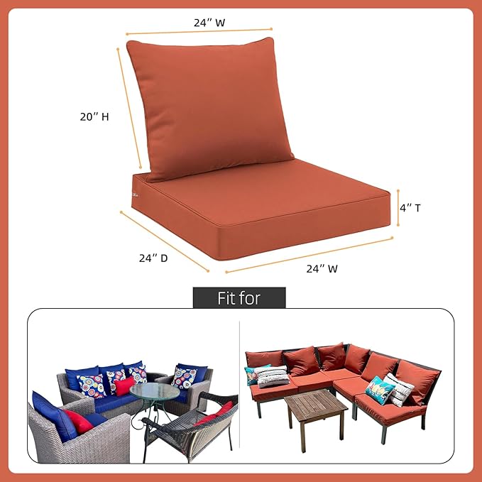 Favoyard Outdoor Seat Cushion Set 24 x 24 Inch Waterproof & Fade Resistant Patio Furniture Cushions with Removable Cover Deep Seat & Back Cushion with Handle and Adjustable Straps for Chair Sofa Couch-VerdiqueGarden