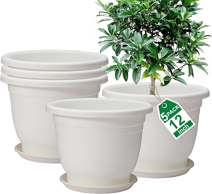 5 Packs 12 inch Flower Pots + Saucer, Planters for Indoor & Outdoor Plants with Drainage Holes | Plastic Flower Pots, Large Planter (White, 12 inch)-VerdiqueGarden