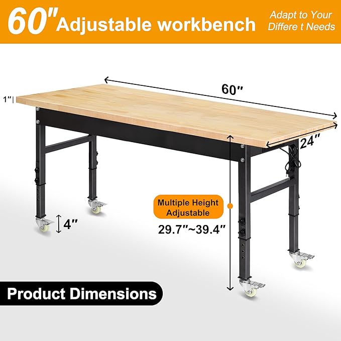 60" Adjustable Work Bench, Rubber Wood Top Workbench Heavy-Duty Work Table with Power Outlet with Wheels, 2000 LBS Load Capacity Hardwood Work Benches for Garage, Workshop, Home, Office, Easy Assembly-VerdiqueGarden