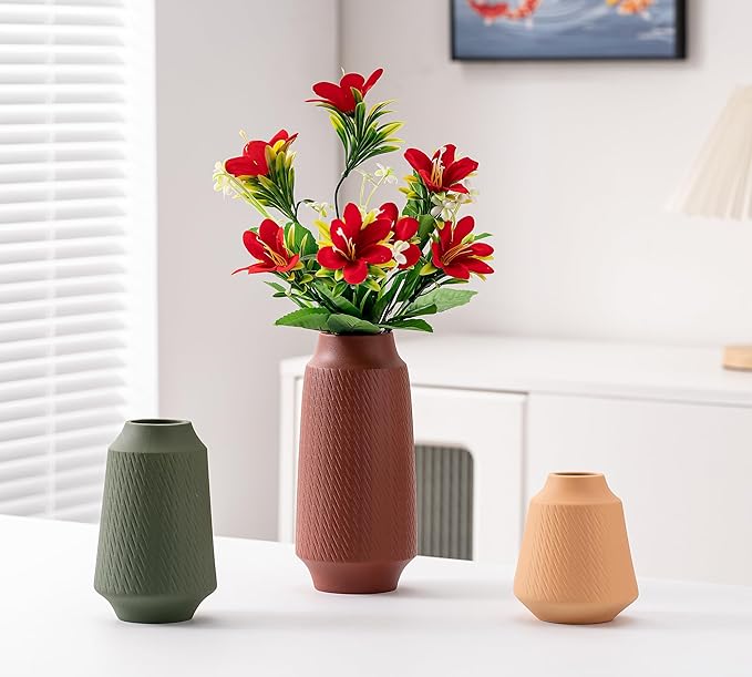 Ceramic Vase Set of 3, Modern Multicolor Pattern Flower Vases for Home Decor, Office, Centerpieces, Boho Farmhouse Style (Red/Green/Orange)-VerdiqueGarden