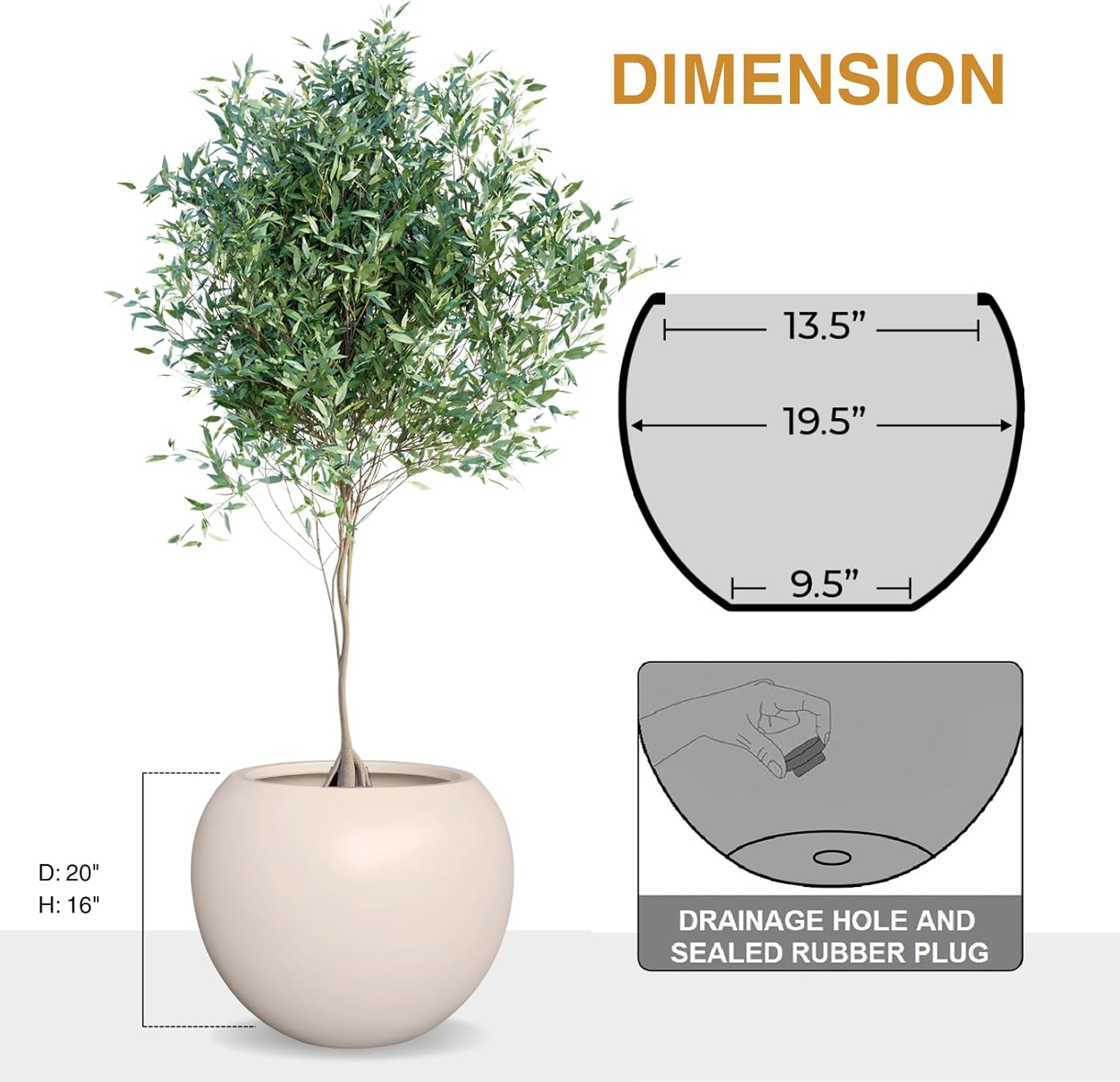 Globo Large Fiberstone Plant Pot, Large Planters for Indoor Plants, Outdoor Planters for Porch (Kilim Beige, 20" D x 16" H)-VerdiqueGarden