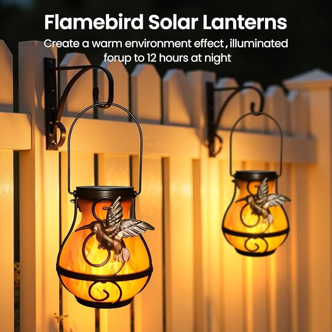 Solar Lights Outdoor Decorative, Hummingbird Flickering Flame Lantern Waterproof, Garden Decor Hanging Lights for Outside Patio Pathway Yard, Christmas Birthday Gifts, 2 Pack-VerdiqueGarden