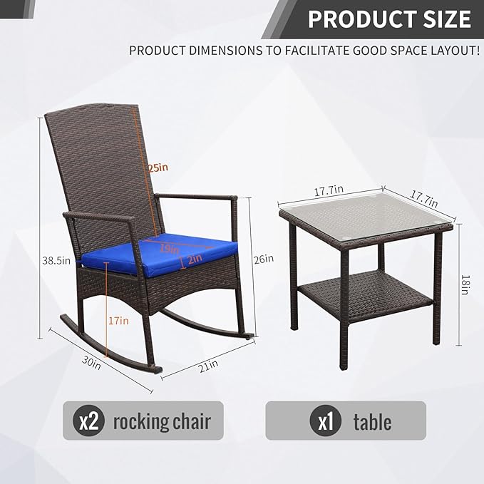 Rocking Chair Outdoor 3 Pieces High-Backed Patio Rocking Chairs Bistro Table and Chairs Set of 2, Royal Blue-VerdiqueGarden