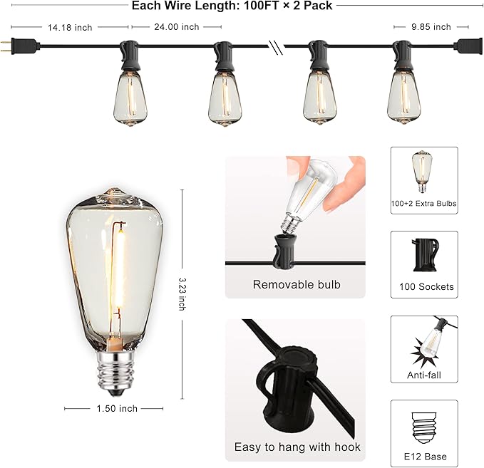 DAMAING Outdoor String Lights 200 FT Waterproof Patio Lights with 102 ST38 Shatterproof LED Bulbs, Dimmable Vintage Edison String Lights for Outside House Backyard Porch Gazebo Party,2-Pack x 100ft-VerdiqueGarden
