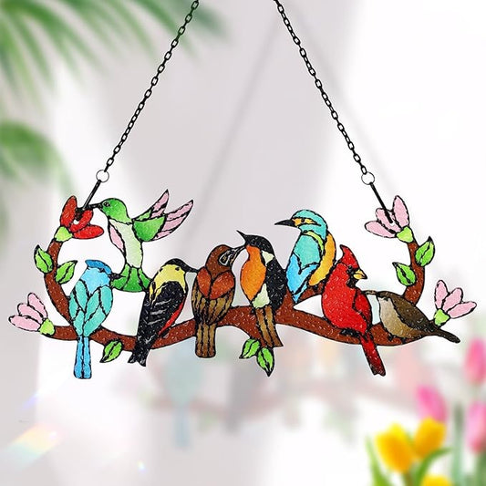 Huray Rayho Birds On Branch Stained Glass Suncatcher Cardinal Hummingbird Kingfisher Double Side Glass Panel Window Hanging Decor Bird Ornament Bird Lover Gift for Mom Grandma-VerdiqueGarden