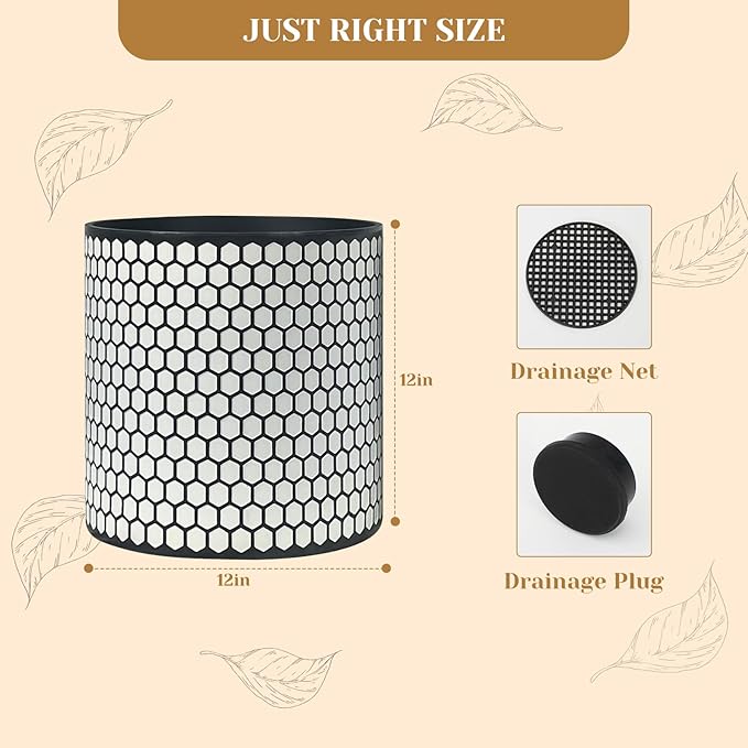 12 Inch Flower Pot Without Bracket with Drainage Holes Suitable for Indoor and Outdoor Decorative Planting (Black White Hexagon, 12 Inches)-VerdiqueGarden