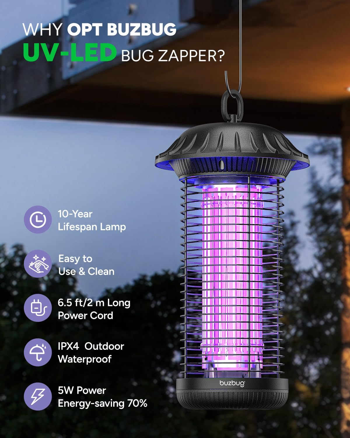 Buzbug LED Bug Zapper Indoor Outdoor, 10 Years Lifespan, 6.5ft Power Cord, IPX4 Waterproof, High-Voltage, Mosquito Zapper, Fly Trap Mosquito Trap, Fly Killer Fly Zapper -MO008C-VerdiqueGarden