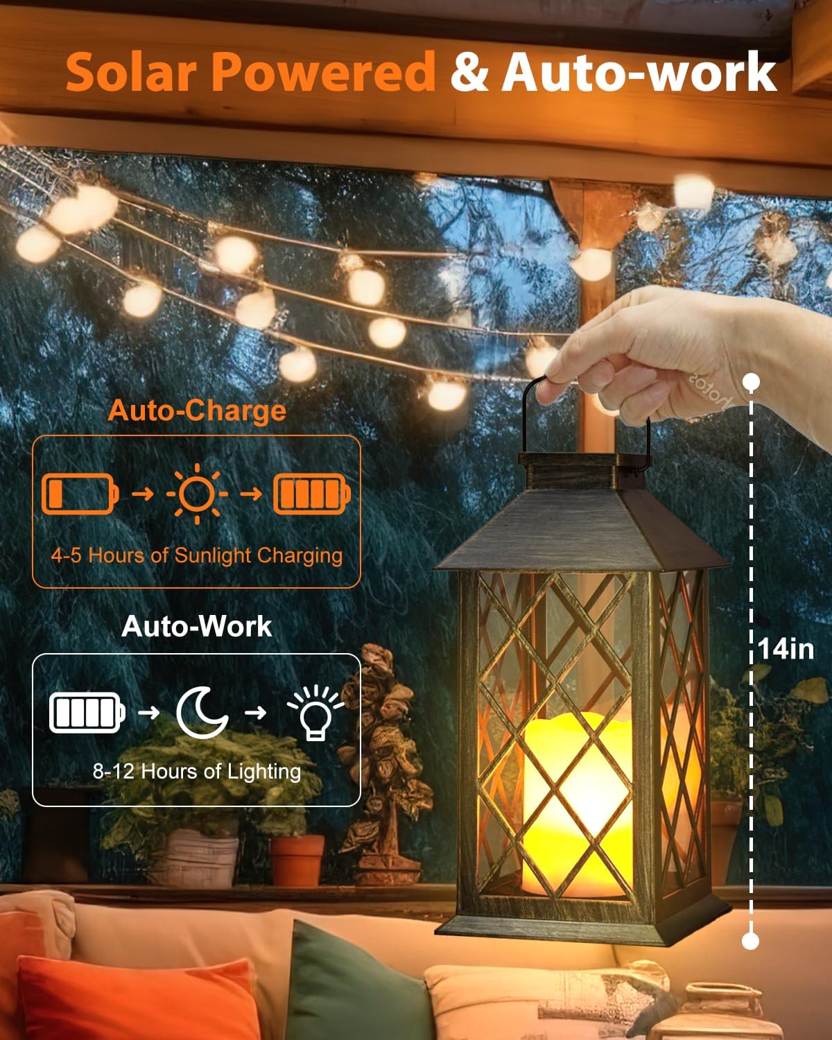 Otdair Solar Lanterns Outdoor Waterproof, 2 Pack 14" Solar Lantern with Glass Retro LED Flickering Flameless Candle,Lanterns Decorative Outdoor for Gift, Yard, Garden, Patio, Balcony,Porch, Party-VerdiqueGarden