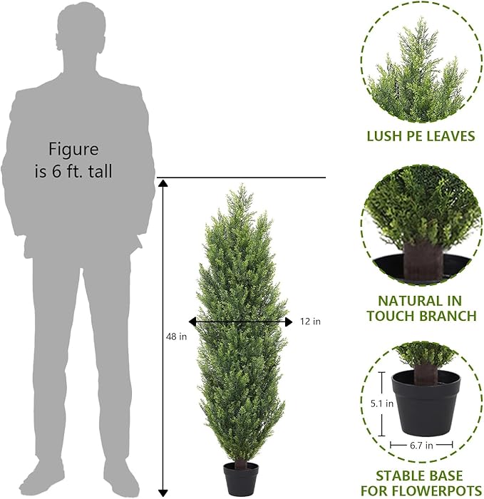 THE BLOOM TIMES 4ft Topiary Trees Artificial Outdoor 2 Pack – UV Resistant Faux Cedar Pine Cypress Bushes and Shrubs, Fake Potted Plants for Front Porch Outside Planter Patio Decor, Set of 2 (4 Foot)-VerdiqueGarden