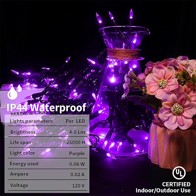 Purple Halloween LED Lights - 2 Pack 100 Count Purple Christmas String Lights for Tree, Party, Holiday, Indoor/Outdoor Halloween Decorations, 2 Sets 33 Feet Black Wire, UL Certified, Connectable-VerdiqueGarden