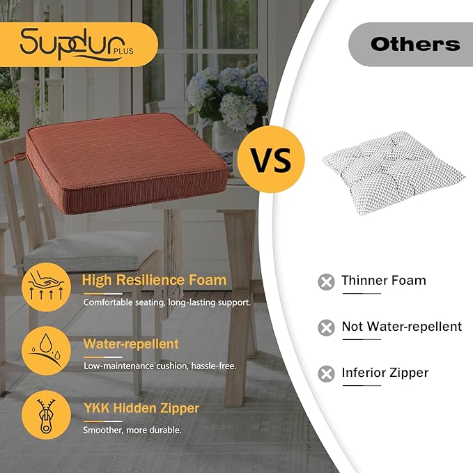 Outdoor Square Corner Seat Cushion, 18.5"x16"x3", Set of 4, Non Slip Seat Cushion Pads with Removable Cover for Patio Furniture, Garden Yard Lawn, Dark Yellow Tan Stripe-VerdiqueGarden