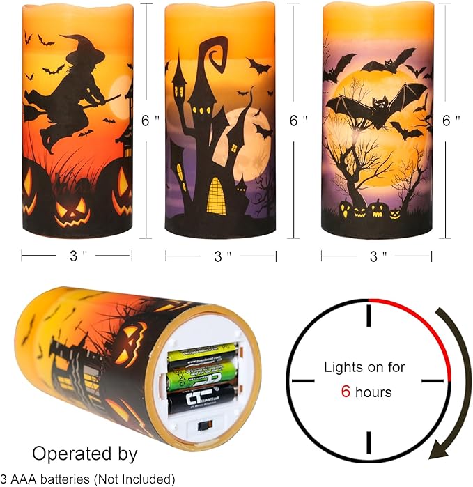 Halloween Real Wax LED Flameless Flickering Candles with 6H Timer, 3 Pcs Pillar Battery Operated Candle Sticks with Halloween Decal for Home Decor(3”x6”)-VerdiqueGarden