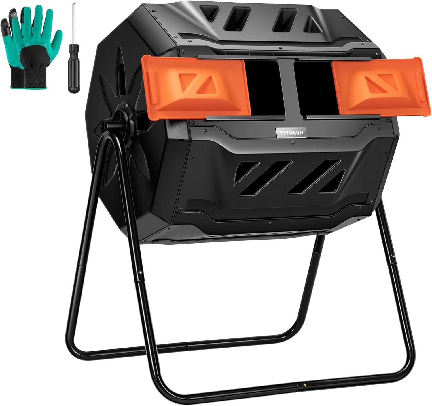 VIVOSUN Outdoor Tumbling Composter Dual Rotating Batch Compost Bin, 43 Gallon Orange Door-VerdiqueGarden