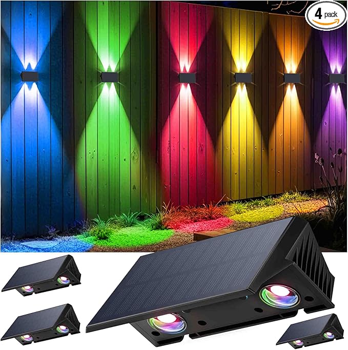 Fence Lights Solar Powered, 4-Pack Solar Fence Lights Up/Down Flexible Buttons, IP67 Waterproof for Outdoor, 120LM Bright, Auto Dusk to Dawn for Wall/Stairs/Yard/Railing/Deck/Pathway (White & RGB)-VerdiqueGarden