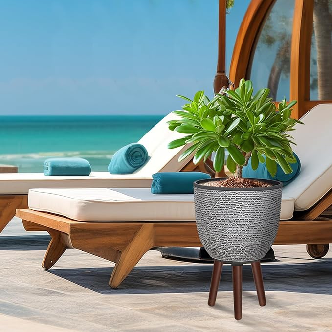 12 Inches Plant Pot with Stand, Large Decorative Standing Planters with Drainage Holes for Indoor Plants, Modern Gray Flower Pots with Legs-VerdiqueGarden