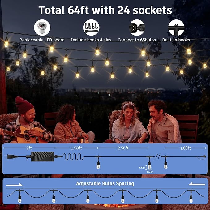 XMCOSY+ Smart Outdoor String Lights - 64ft RGBCWIC Patio Lights with 24 Color Changing Bulbs, LED String Light for Outside Backyard Bistro Party, APP WiFi Control, Work with Alexa, IP65 Waterproof-VerdiqueGarden