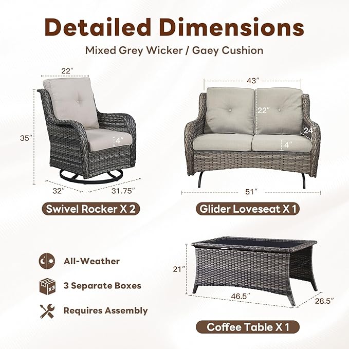 4 Piece Patio Furniture Set - Outdoor Glider Bench with Swivel Rocker Chairs and Coffee Table, High Back Small Outdoor Conversation Furniture Sets for Deck Sunroom Balcony Backyard-VerdiqueGarden
