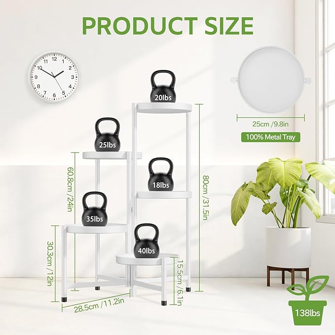iDavosic.ly 5 Tier Large Plant Stand Indoor with 10 Inch Wide Tray, Tiered Corner Metal Outdoor Flower Display Holder Shelf, Folding Tall Rack for Patio Porch Living Room, White-VerdiqueGarden