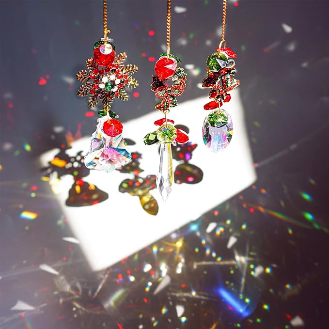 3 Pack Crystal Christmas Ornaments, Glass Rainbow Rhinestones Sun Catcher Prisms with Christmas Wreath Snowflake Bells,Suncatcher Hanging Crystal Pendants for Window Christmas Home Decor-VerdiqueGarden