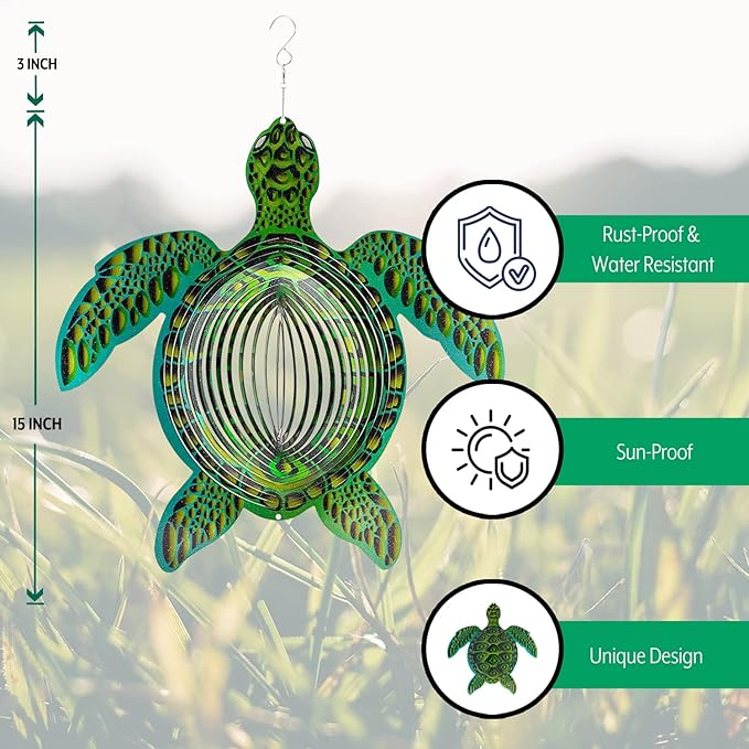 Turtle Ornament Wind Spinners for Yard and Garden, Metal Ornaments for Garden Décor, Outdoor Wind Spinner, Turtle Gifts for Turtle Lovers, Outdoor Garden Decoration, 15 inch Wall Décor by ISEO-VerdiqueGarden