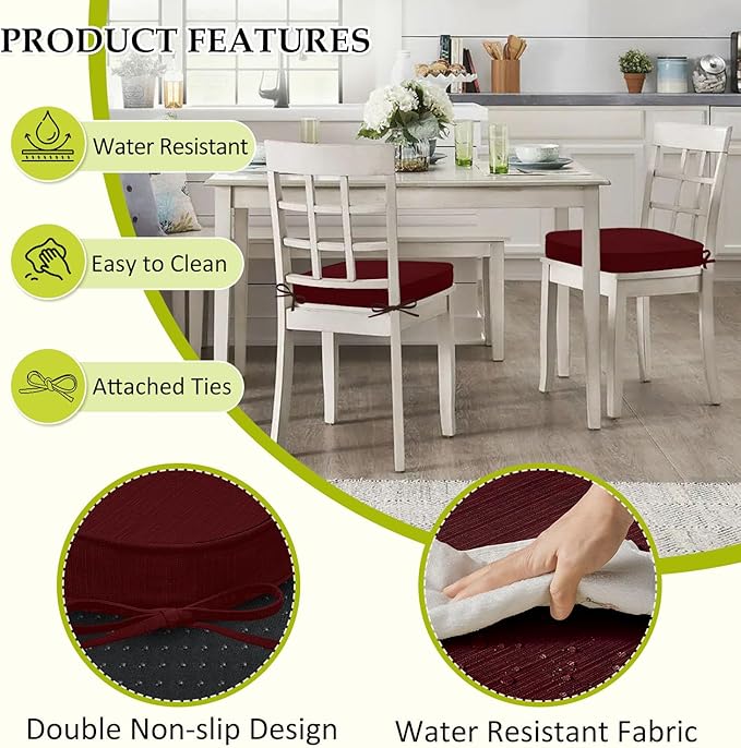 Chair Cushions for Dining Chairs, Indoor Chair Cushions with Ties，Waterproof Chair Pads Set of 6, Burgundy, 17x16x2.5 Inch-VerdiqueGarden