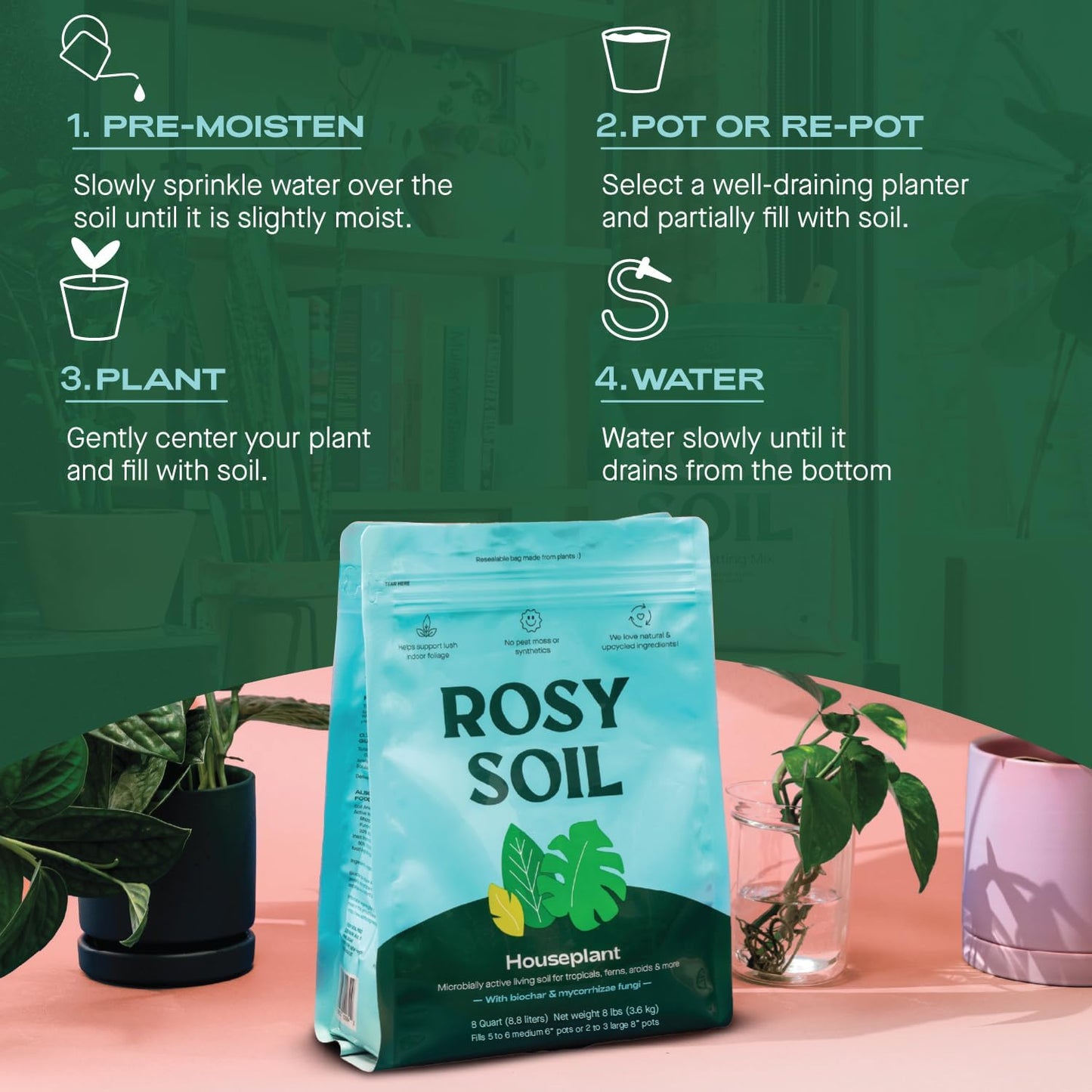 Rosy Soil Indoor Potting Soil for House Plants, 2 x 8 qrt - Organic Potting Soil Mix for Indoor Plants -Enriched w/Root-Boosting Biochar for Foliage Plants, Flowers, Herbs - Pack of 2-VerdiqueGarden