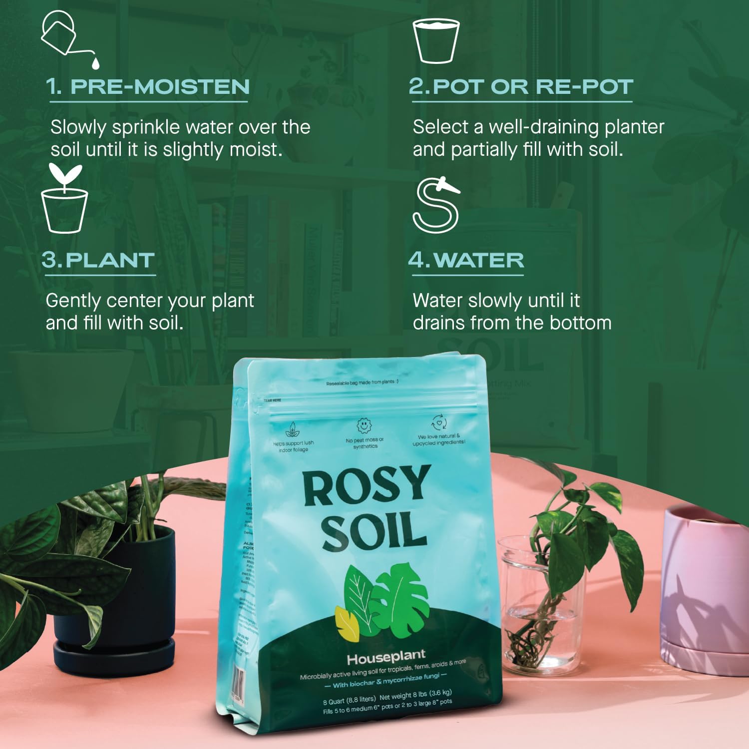 Rosy Soil Indoor Potting Soil for House Plants, 2 x 8 qrt - Organic Potting Soil Mix for Indoor Plants -Enriched w/Root-Boosting Biochar for Foliage Plants, Flowers, Herbs - Pack of 2-VerdiqueGarden