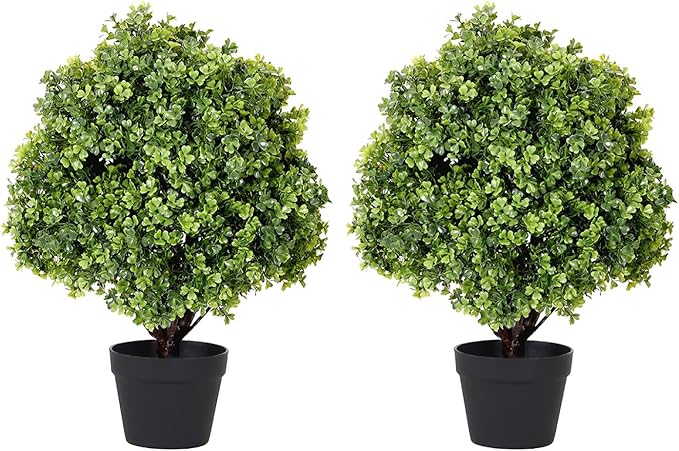 THE BLOOM TIMES 2ft Faux Boxwood Plants Outdoor Set of 2, Topiary Balls Artificial Outside Trees, 24" UV Resistant Fake Greenery Bushes & Shrubs for Front Porch Planter-VerdiqueGarden