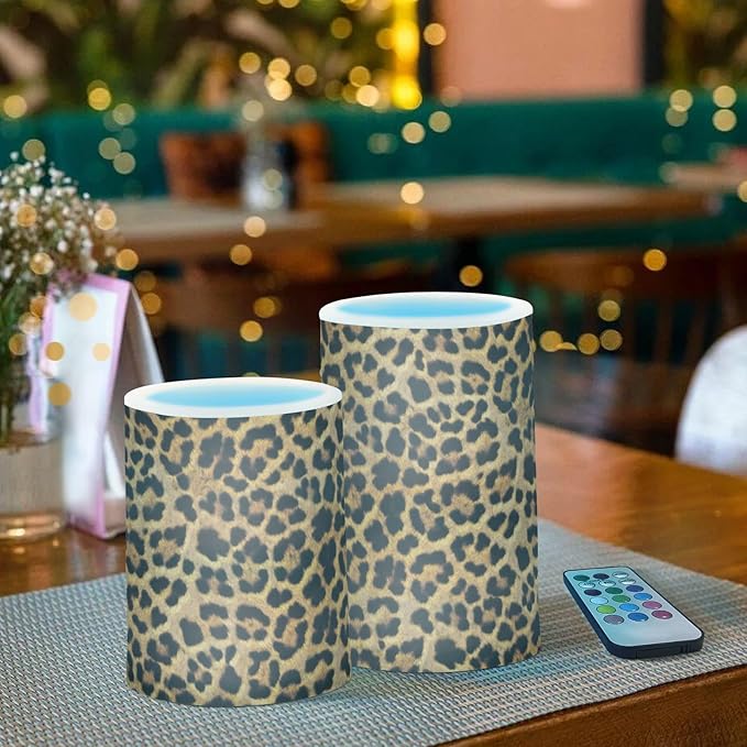 Flickering Flameless Candles, Leopard Texture LED Candles with Remote Timer, Set of 2 Battery Operated Candle for Valentine Wedding Birthday-VerdiqueGarden