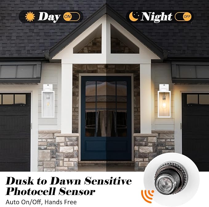 16-inch White Dusk to Dawn Outdoor Wall Light Fixtures, Exterior Waterproof Wall Lanterns, Large Porch Sconces Lighting, Modern Outside Lights for House Patio Front Door Entryway, 2-Packs-VerdiqueGarden