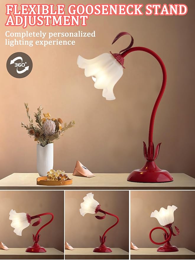 Flower Table Lamp,LED Reading Light Bedside Vintage Flower Night Light,3 Colors Modes Kawaii Bedside Lamps Decor,Living Room Bedroom Room Lighting Table Lamps Home Decoration (Red)-VerdiqueGarden