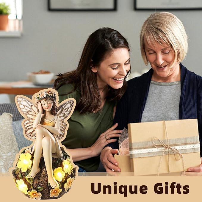 Solar Fairy Statue Sitting on The Flower Ball Light 6.8" Angel Statues for Garden Yard Patio Porch Lawn Decor Resin Fairy Figurine Outdoor Waterproof Angel Gifts for Women Mom Sister-VerdiqueGarden