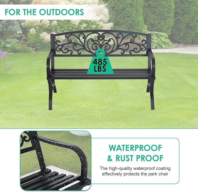 FDW Outdoor 50 Inches Garden Bench, Slatted Seat Armrests Floral Design Backres and Arch Legs, Perfect for Park, Yard, Porch, Lawn, Balcony, Backyard, Black-VerdiqueGarden